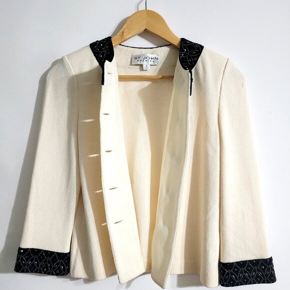 ST JOHN Evening Womens Beaded Santana Knit Jacket Size 2 Buttons Cream & Black - Picture 2 of 14